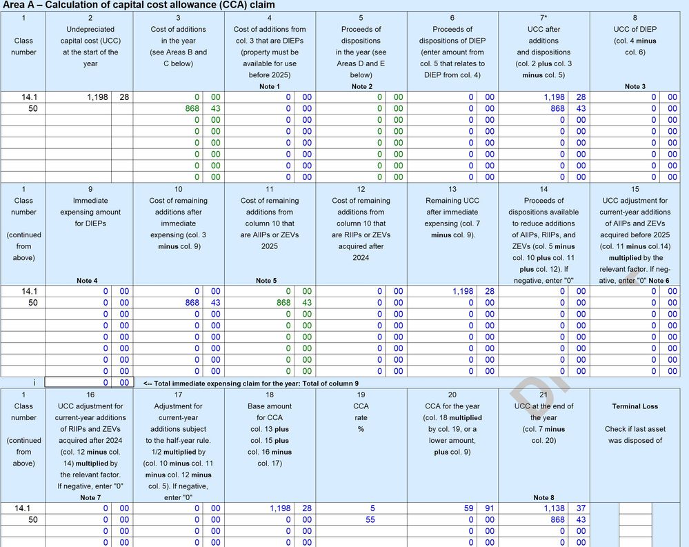 Notice Box 13 is 0, when it should populate $868.43 from Box 7. It also calculates 0.00 CCA, which is clearly wrong.